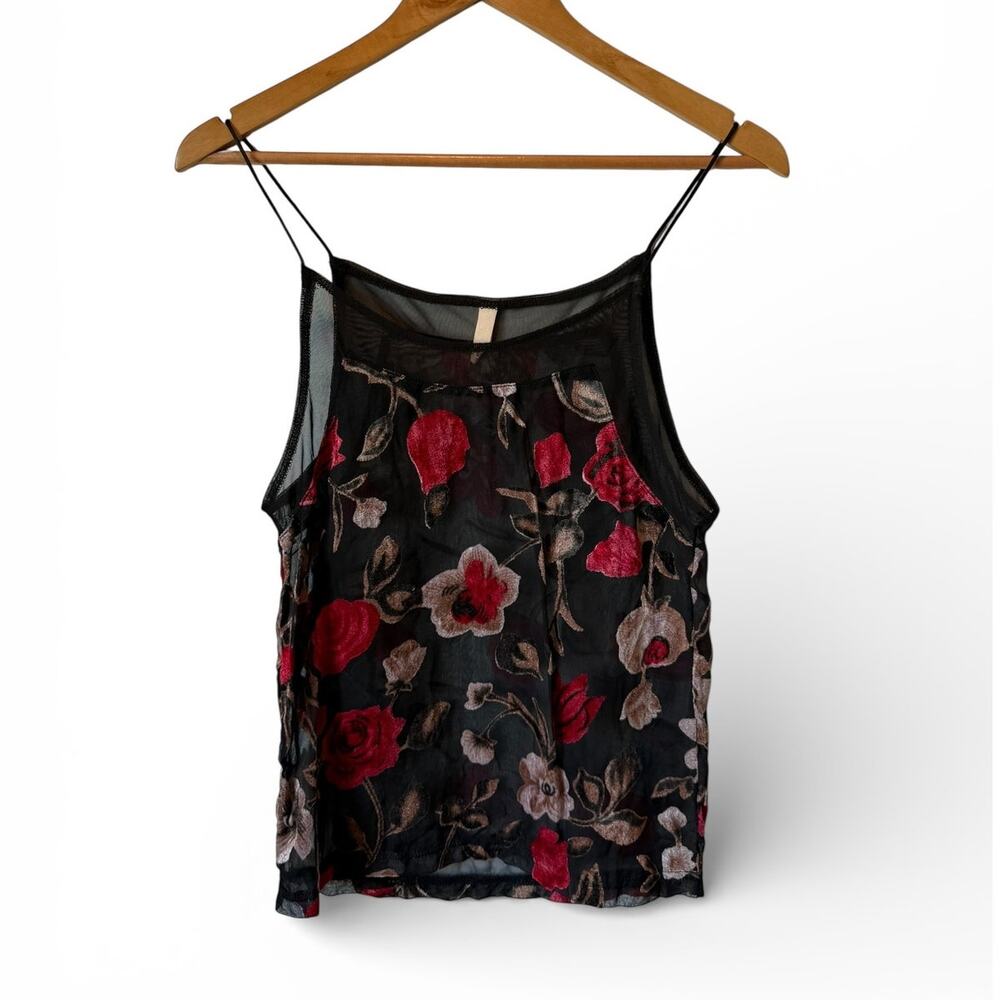 Anthropologie Sheer Black Mesh Top Velvet Floral Camisole Top Women's Size XS
